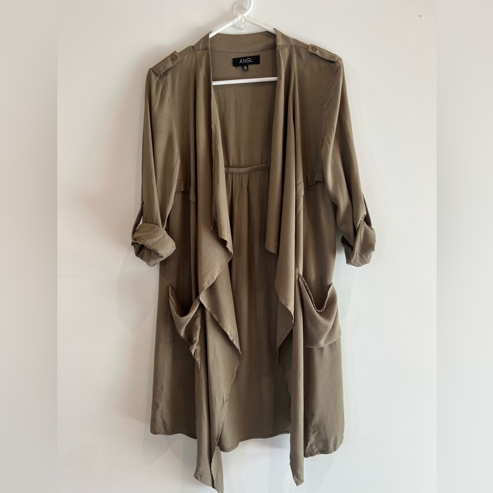 Olive Green Draped Open Front Cardigan Lightweight Utility Style Women’s Small